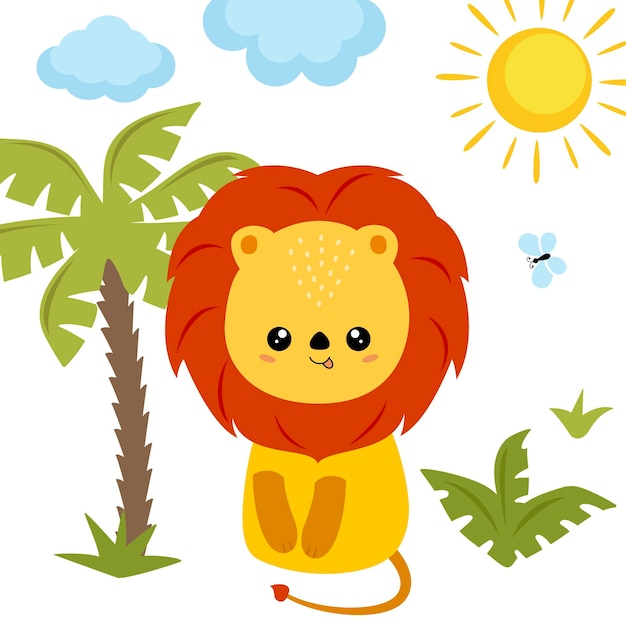 Illustration vectorielle, adorable lion est assis dans la paume de la jungle