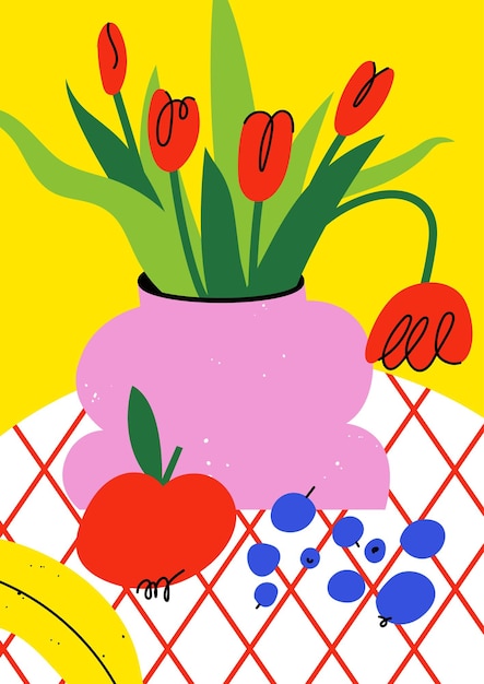 Vecteur illustration vectorielle affiche botanique avec tulipes fleurs et fruits art pour pour les cartes postales art mural bannière arrière-plan décorations intérieures modernes naïves groovy funky