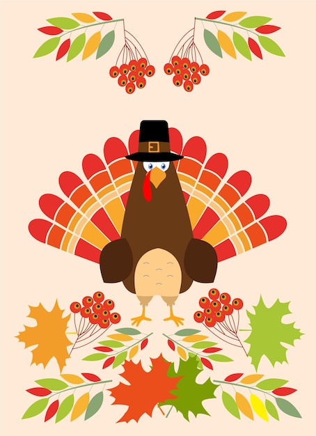 Illustration Vectorielle D'affiche De Conception De Style Plat Joyeux Jour De Thanksgiving Avec Des Feuilles D'automne De Texte De Dinde