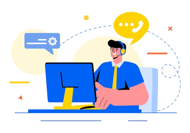 Illustration vectorielle de l'agent du centre d'appels du service à la clientèle ou de l'opérateur de hotline avec des casques ou des ordinateurs dans un fond de dessin animé de style plat
