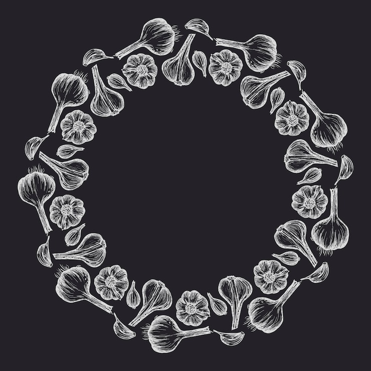 Vecteur illustration vectorielle d'ail dessinée à la main cercle de récolte doodle illustration de nourriture bord design avec de la craie sur un fond noir