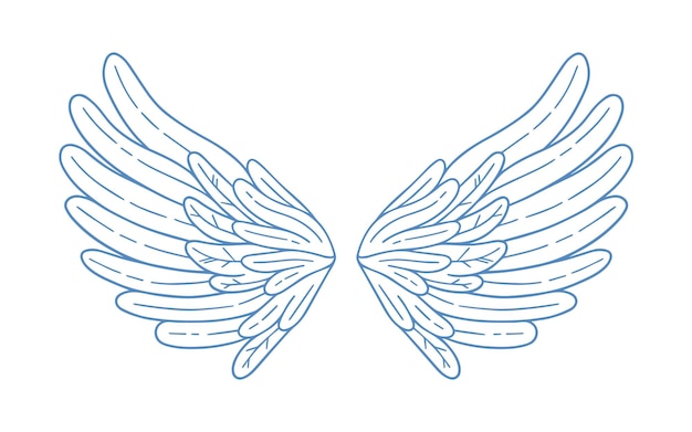 Vecteur illustration vectorielle d'ailes ouvertes de plumes dessinées à la main simple. éléments décoratifs monochromes de personnage d'ange, d'oiseau ou de fée dans le style de contour. symbole de l'amour pour la saint-valentin isolé sur blanc.