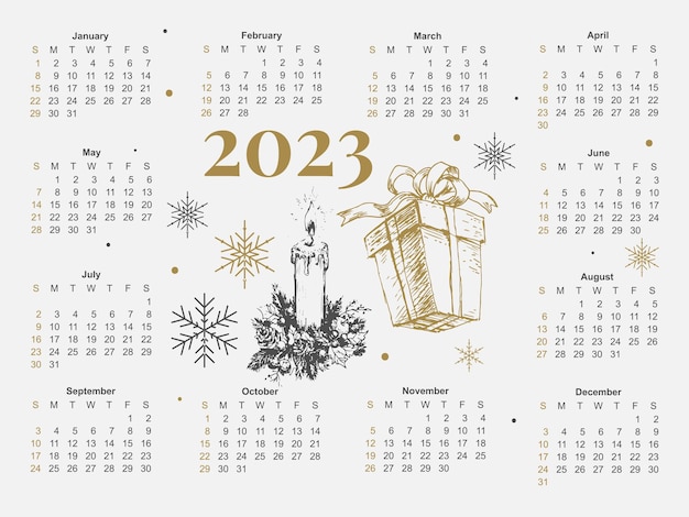 Vecteur illustration vectorielle de l'année civile 2023 la semaine commence le dimanche modèle de calendrier des flocons de neige de noël 2023 conception du calendrier dimanche en couleurs rouges