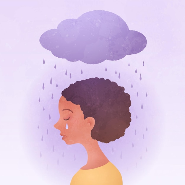 Illustration Vectorielle D'anxiété Avec Portrait De Jeune Femme Triste Et Nuage Pluvieux Au-dessus De La Tête