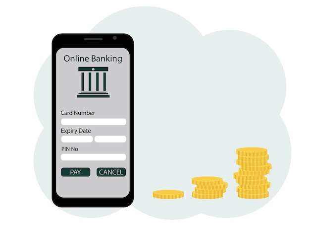 Illustration Vectorielle D'une Application Mobile Pour Ouvrir Un Compte Bancaire. Les Pièces à Proximité Se Multiplient