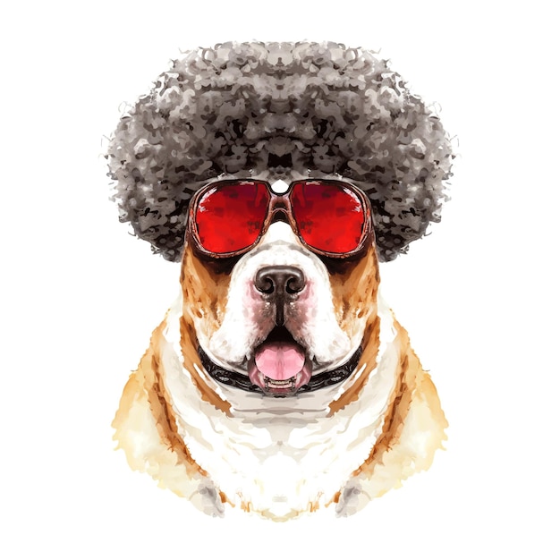 Illustration vectorielle à l'aquarelle d'un chien mignon avec des cheveux afro et des lunettes rouges sur fond blanc