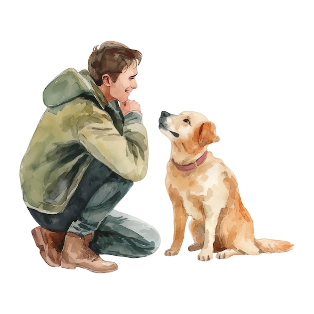 Vecteur illustration vectorielle à l'aquarelle de l'homme et du chien