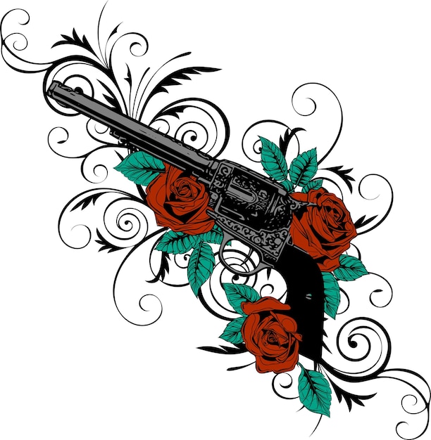Vecteur illustration vectorielle des armes à feu sur la fleur et les ornements floraux