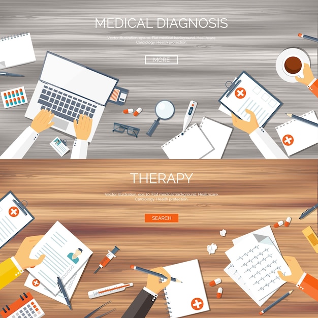 Illustration Vectorielle Arrière-plans Médicaux Plats Définis Soins De Santé Premiers Soins Recherche Cardiologie Médecine