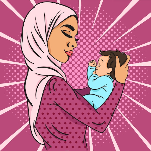 Vecteur illustration vectorielle d'art pop d'une jolie jeune mère musulmane en hijab tenant doucement le bébé dans ses bras