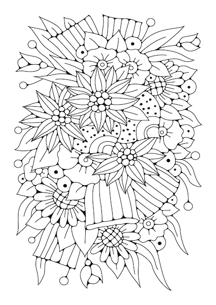 Vecteur illustration vectorielle d'art-thérapie. fond floral à colorier. coloriage pour enfants et adultes.