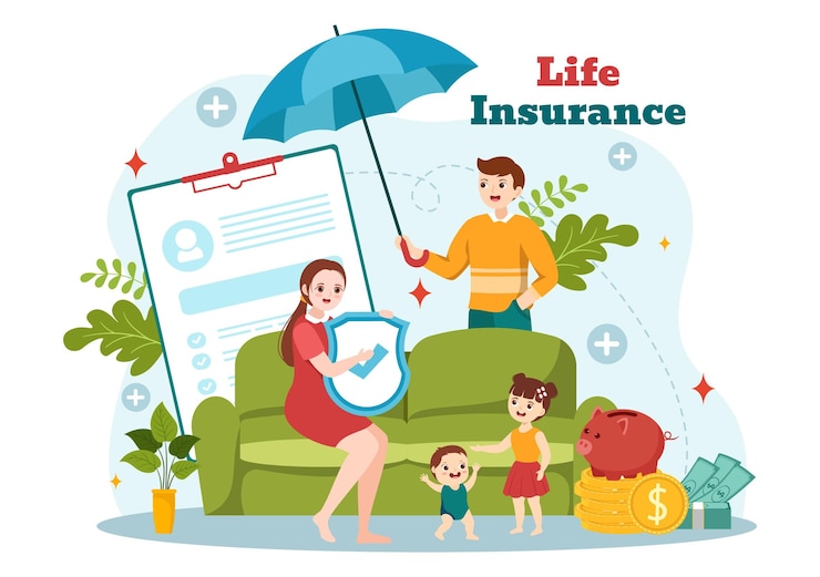 Vecteur illustration vectorielle d'assurance-vie avec bouclier et parapluie pour la protection des soins de santé de la famille