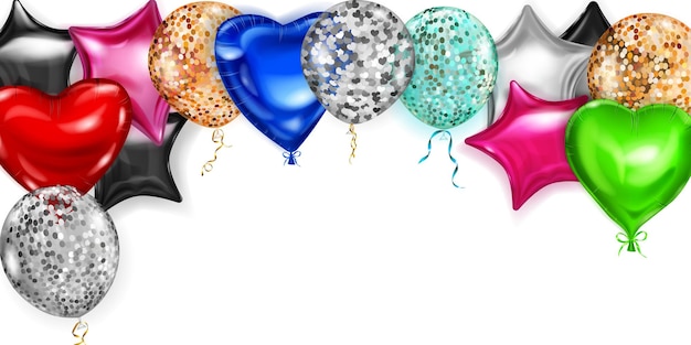 Illustration Vectorielle Avec Des Ballons D'hélium Colorés Volants De Différentes Formes Et Couleurs Sur Fond Blanc
