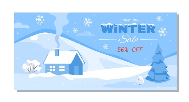 Illustration vectorielle d'une bannière de vente d'hiver représentant un paysage enneigé avec une maison confortable de pins