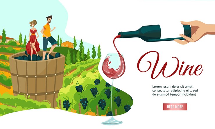 Vecteur illustration vectorielle de la bannière web de la vinification vignerons récoltant sur le vignoble écrasant et pressant les raisins dans un tonneau en bois