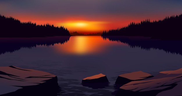 Vecteur illustration vectorielle de beau coucher de soleil calme au lac avec des rochers