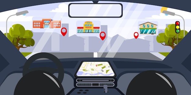Illustration vectorielle d'un beau GPS en voiture Paysage de dessin animé avec voyage en voiture à l'aide d'un navigateur jusqu'à la maison du supermarché de l'école sur fond de ville