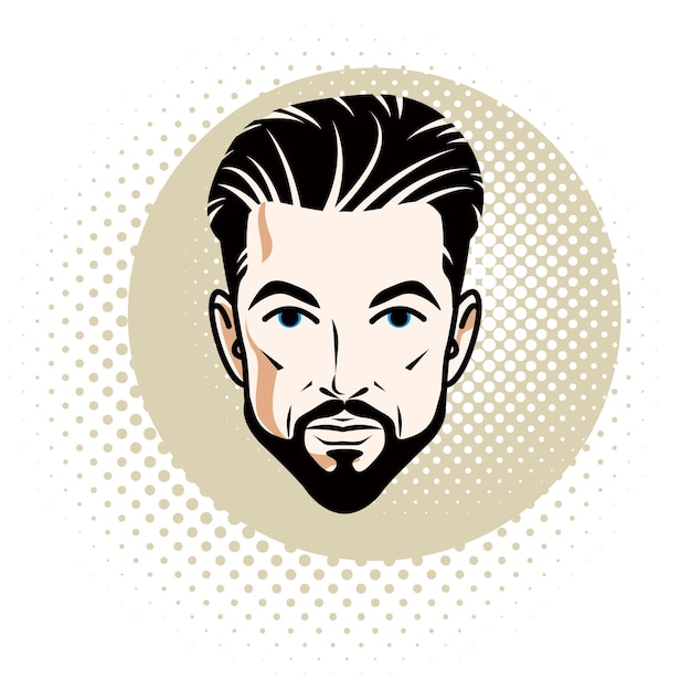 Illustration Vectorielle D'un Beau Visage Masculin Brun Avec Moustache Et Barbe, Traits Positifs Du Visage, Clipart.