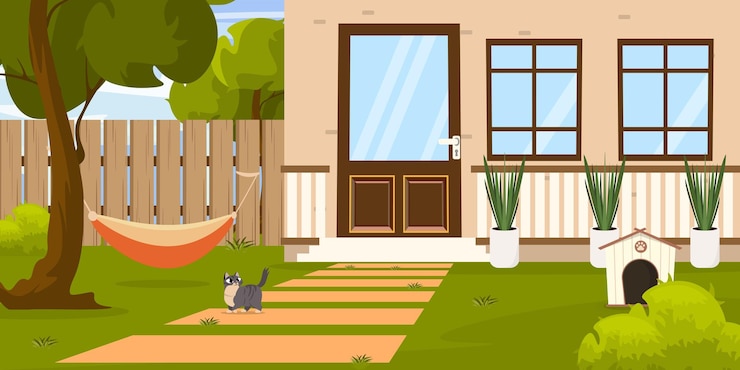 Vecteur illustration vectorielle d'une belle façade d'une maison confortable scène de dessin animé d' une maison de village avec des portes, des fenêtres, des pots de fleurs, une maison pour un animal de compagnie, un chemin, un chat, un hameau, des arbres, des buissons, une clôture.