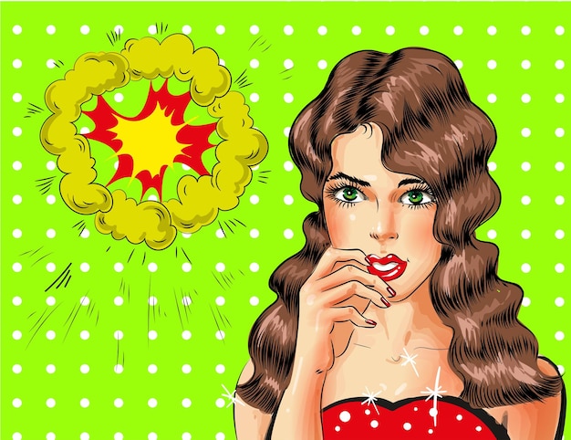 Vecteur illustration vectorielle d'une belle femme brune sexy pretty pinup avec des yeux verts dans le style de bande dessinée pop art rétro