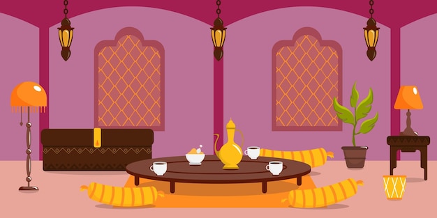 Vecteur illustration vectorielle d'une belle pièce intérieure arabe intérieur de dessin animé avec lampe de pots de fleurs de tambour de cari de coffre de table