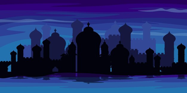 Illustration Vectorielle D'une Belle Vue Nocturne D'une Ville Islamique Scène De Dessin Animé Avec Un Paysage Nocturne De L'architecture Islamique Des Mosquées Des Dômes Et Des Colonnes De La Ville Arabe De La Mer