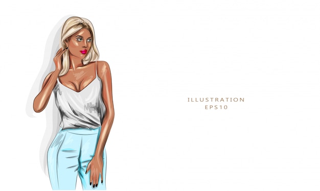 Vecteur illustration vectorielle. blonde à la mode dans un haut et un pantalon. belle peau bronzée. femme élégante.