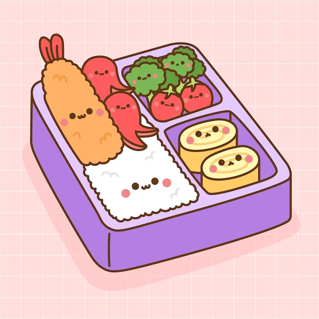 Vecteur illustration vectorielle de boîte à lunch japonaise bento kawaii