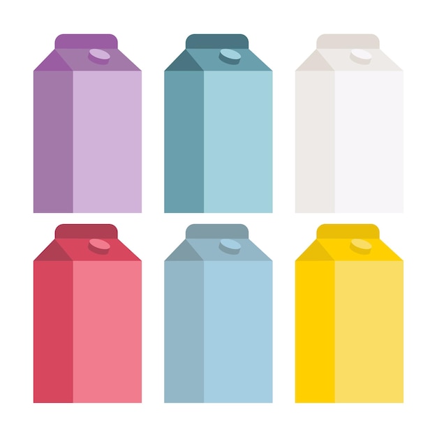 Vecteur illustration vectorielle de boîtes colorées amusantes de lait ou de jus