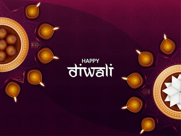 Illustration Vectorielle De Bonbons Réalistes Et De Lampes à Huile Illuminées Diya Pour La Grande Célébration Du Festival Indien Happy Diwali