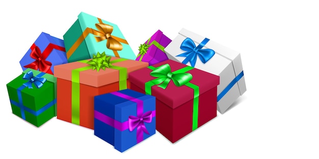 Illustration vectorielle avec bouquet de coffrets cadeaux colorés avec des rubans et des arcs sur fond blanc