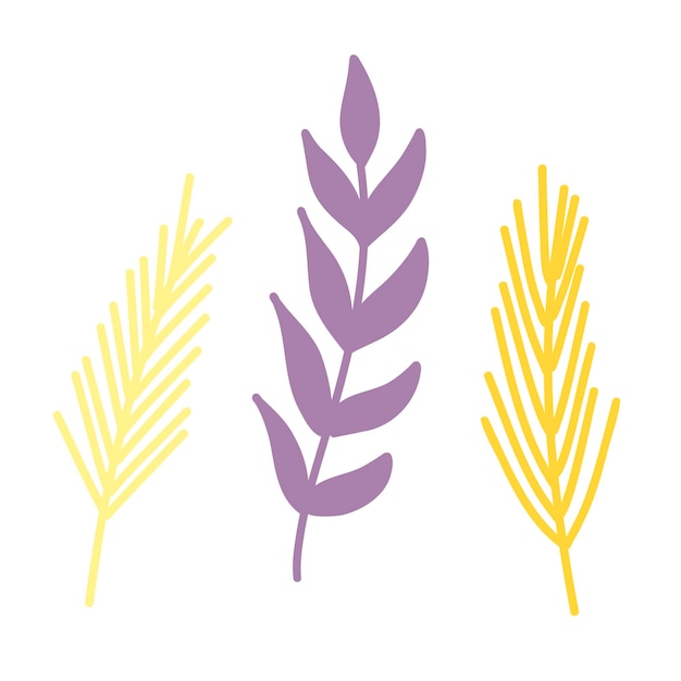 Vecteur illustration vectorielle avec des brindilles violettes de feuilles et des baies et des fleurs jaune pâle dans un style plat fait à la main