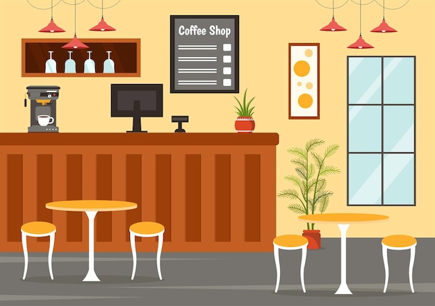 Illustration Vectorielle D'un Café Avec Un Intérieur Et Des Meubles Adaptés à L'affiche Ou à La Publicité