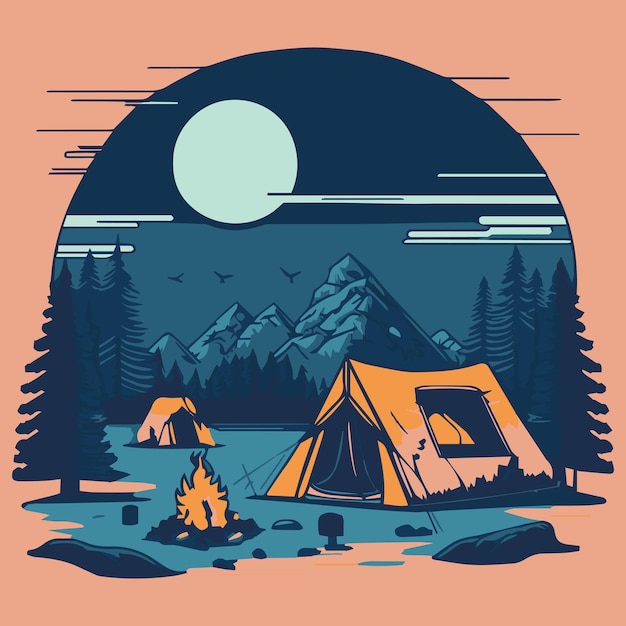 Illustration vectorielle de camping Tente dans la nature en plein air Paysage de dessin animé avec arbres et montagnes