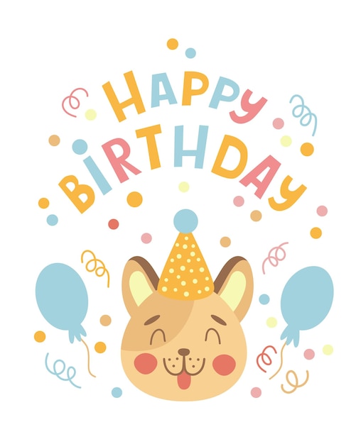 Illustration vectorielle de la carte d'anniversaire avec un mignon chien de dessin animé français Concept vectoriel de la carte de anniversaire