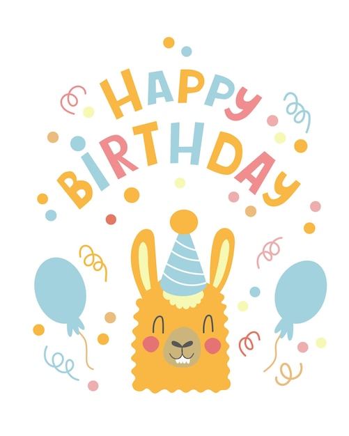Illustration vectorielle d'une carte d'anniversaire avec un mignon lama de dessin animé