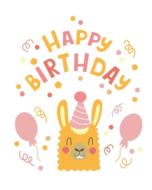 Illustration vectorielle d'une carte d'anniversaire avec un mignon lama de dessin animé