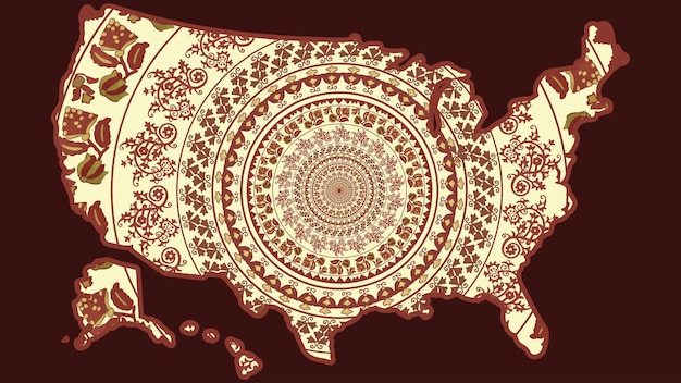 Illustration vectorielle de la carte des États-Unis. Frontières des États-Unis. Ornement de broderie folklorique ukrainienne.