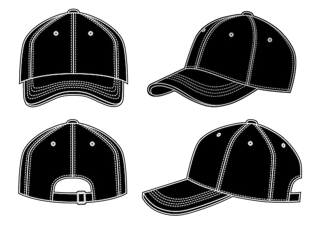 Illustration Vectorielle De Casquette De Baseball Noire Sur Blanc, Avant, Arrière, Vues Latérales, Objet Isolé