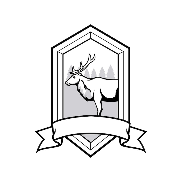 Illustration Vectorielle De Cerf Noir Et Blanc Avec Badge D'aventure