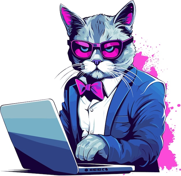 Illustration Vectorielle D'un Chat En Costume Et Lunettes Avec Un Ordinateur Portable