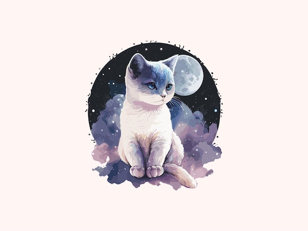 Illustration vectorielle de chat mignon décorée de fleurs en arrière-plan cosmique