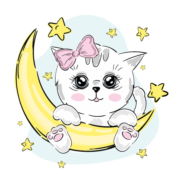 Illustration vectorielle de chat mignon fille chaton assis sur la lune étoiles impression et affiche pour enfants