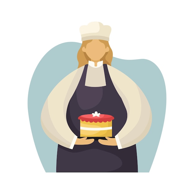 Vecteur illustration vectorielle d'un chef pâtissier en uniforme avec un gâteau dans ses mains profession style plat