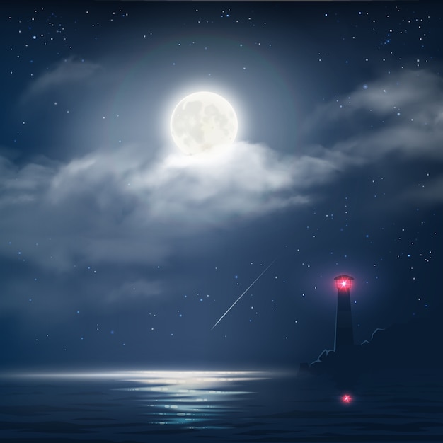 Illustration vectorielle de ciel nuageux de nuit avec étoiles, lune et mer avec phare