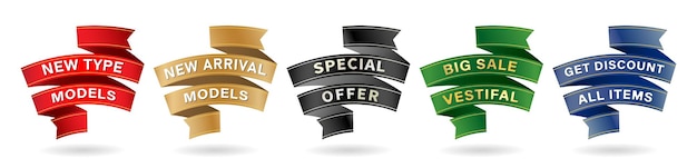 illustration vectorielle cinq ensemble de rubans badges et étiquettes avec des motifs de couleurs différentes