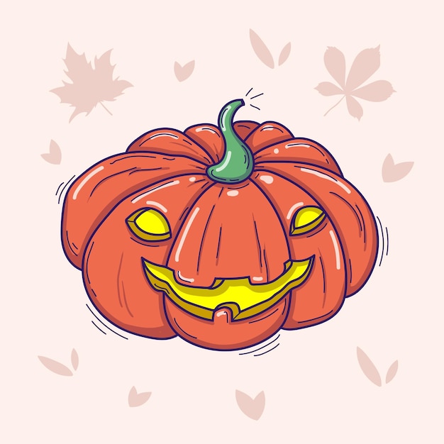 Illustration Vectorielle De Citrouille Drôle D'halloween Avec Bouche Et Yeux Sculptés Dans Un Style Doodle Isolé Sur Un Fond Clair Avec Des Feuilles D'automne