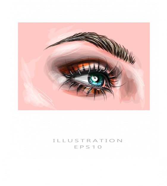 Illustration vectorielle. Close-up eyes of a blue woman with beautiful brown with red and orange shades, smoky eye maquillage. Maquillage de mode moderne.