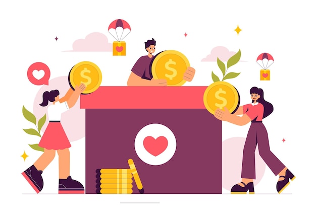 Illustration vectorielle de collecte de fonds avec un cœur pour symboliser le soutien et l'assistance humanitaire avec des thèmes de dons de charité et d'aide aux autres