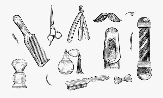 Vecteur illustration vectorielle d'une collection d'outils de barbier instruments de barbier ciseaux à bâton de barbier parfums peigne à raser broche à raser droite rasoir électrique clipper brosse à cheveux vintage dessiné à la main